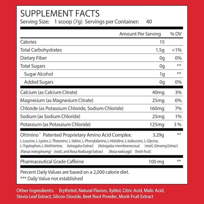 Oh!mino Amino Acid Energy Blend - Sugar-and-Stimulant-Free, Pre-Post Workout Powder, BCAA Amino Acids, Workout Recovery Drink, Muscle Synthesis Activator, Berry Blast, 280 g, 40 Servings