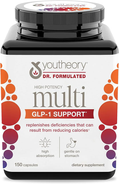 Youtheory High Potency Multi GLP-1 Support - High Absorption Multivitamins - for Immune Support & Bone Health - Gentle on Stomach - Vitamin D, C, Iron & More - 150 Vegetarian Capsules