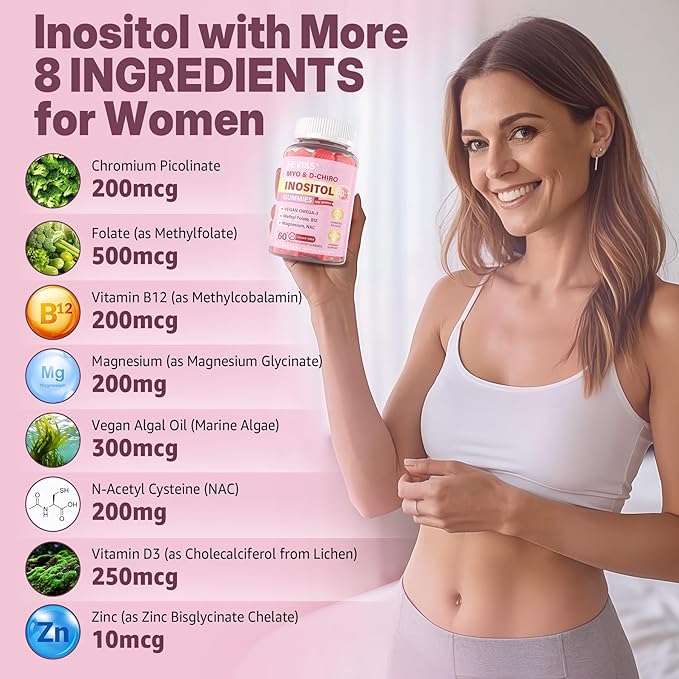 Myo-Inositol & D-Chiro Inositol Gummies 2050mg for Women with Vegan Omega-3 + D3, Magnesium Glycinate, Methyl Folate + B12, 40:1 Ratio Inositol for Hormone Balance, Fertility & Ovarian, Sugar Free