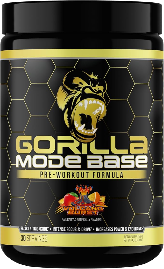 Gorilla Mode Base Pre Workout - Raises Nitric Oxide · Intense Focus & Drive · Endurance · Power - L-Citrulline, L-Tyrosine, Betaine, Alpha-GPC, Caffeine, Huperzine A - 360 Grams (Volcano Burst)
