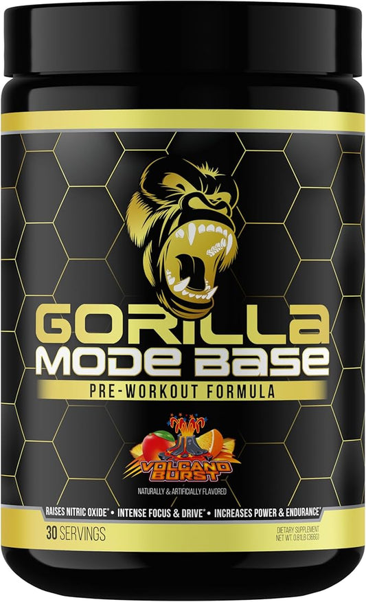 Gorilla Mode Base Pre Workout - Raises Nitric Oxide · Intense Focus & Drive · Endurance · Power - L-Citrulline, L-Tyrosine, Betaine, Alpha-GPC, Caffeine, Huperzine A - 360 Grams (Volcano Burst)