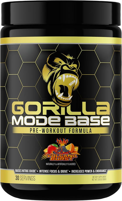 Gorilla Mode Base Pre Workout - Raises Nitric Oxide · Intense Focus & Drive · Endurance · Power - L-Citrulline, L-Tyrosine, Betaine, Alpha-GPC, Caffeine, Huperzine A - 360 Grams (Volcano Burst)