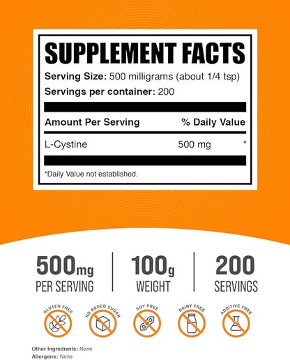 BulkSupplements.com L-Cystine Powder - L-Cystine 500mg, L-Cystine Supplement, Amino Acid Supplement - for Immune Support, Gluten Free, 500mg per Serving, 100g (3.5 oz) (Pack of 1)