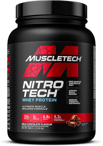 Muscletech Whey Protein Powder (Milk Chocolate, 2.2 Pound) - Nitro-Tech Muscle Building Formula with Whey Protein Isolate & Peptides - 30g of Protein, 3g of Creatine & 6.6g of BCAA