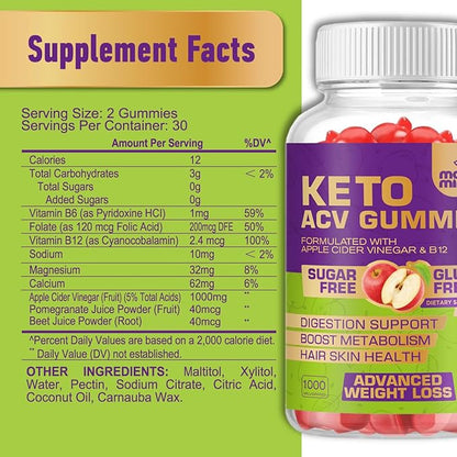 Keto ACV Gummies for Advanced Weight Loss - Gluten & Sugar-Free Apple Cider Vinegar Rapid Fat Burner Diet Supplement for Women Men - 60 Gummies (1000MG)