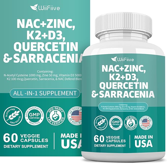 NAC Supplement N-Acetyl Cysteine NAC 1000mg Zinc Blend 50mg k2 100mcg Vitamin D3 5000 IU N-Acetyl Cysteine 1000mg Quercetin 1000mg Sarracenia Purpurea 1000mg L-Lysine Supplement, 60 Count