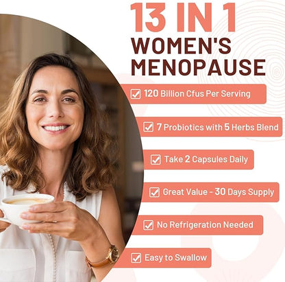 Menopause supplements for women, 120 Billion CFU Probiotic, 13-in-1 Herbs & Botanicals Complex, for Hormone Menopause, Hot Flashes, Night Sweats, Mood Swings, Sleep Disturbances, Vegan, 120 Caps