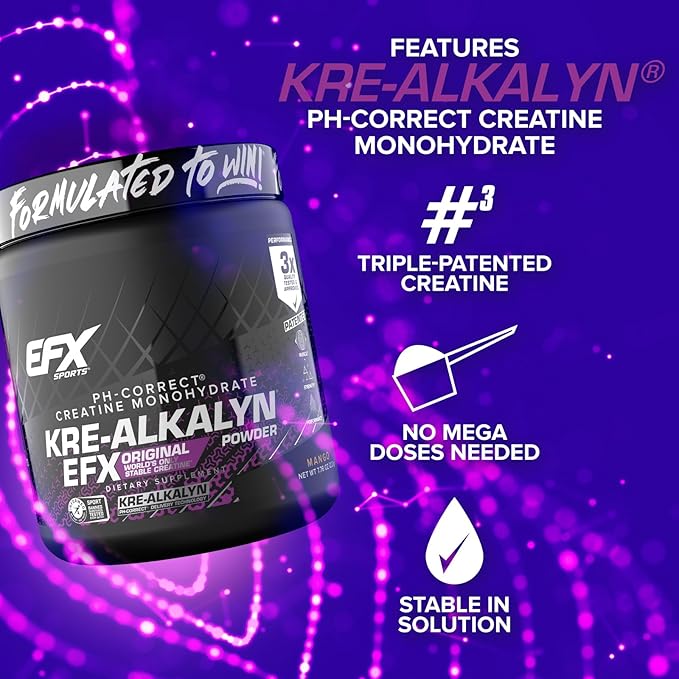 EFX Sports Kre-Alkalyn EFX Powder | pH Correct Creatine Monohydrate Powder Supplement | Strength, Muscle Growth & Performance | 110 Servings (Mango)