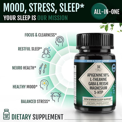 Natural Sleep Aid Supplement for Adults Without Melatonin - Non-Habit Forming Herbal Sleep - GABA, L-Theanine, Reishi Mushroom, Apigenin, Magnesium Glycinate, 5-HTP - 90 Vegan Capsules