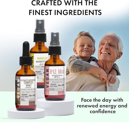 Vitality Boost Bundle Liquid Spray - Ultimate Mushroom Complex, Bromelain, B12 Methylcobalamin - Complete Multivitamin - Plant- Based, Non-GMO, Gluten Free, Sugar Free 2 Fl Oz (420 Days Supply)