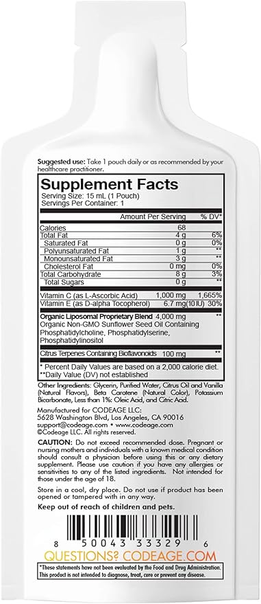 Codeage Liposomal Vitamin C Liquid 1000mg Vitamin C, 4000mg Essential Phospholipids, Supplement For Daily Immune Support, Liposomes For Absorption, Citrus Bioflavonoids, Vitamin E, Non-GMO, 32 Pouches