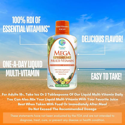 Mega Premium Liquid Multivitamin | Natural Immune Support Vitamin w/ 1333% Vitamin C, 200% D3, Zinc + 20 Vitamins, 70 Minerals, & 21 Amino Acids | Sugar Free | Orange Flavor | 98% Absorption | 32 Serv