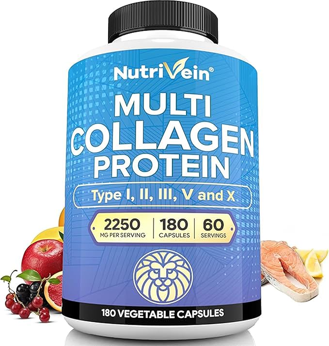 Nutrivein Multi Collagen Pills 2250mg - 180 Collagen Capsules - Type I, II, III, V, X - Anti-Aging, Healthy Joints, Hair, Skin, Bones, Nails, Hydrolyzed Protein Collagen Peptides for Woman and Men