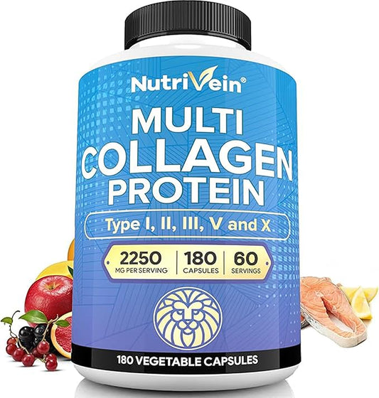Nutrivein Multi Collagen Pills 2250mg - 180 Collagen Capsules - Type I, II, III, V, X - Anti-Aging, Healthy Joints, Hair, Skin, Bones, Nails, Hydrolyzed Protein Collagen Peptides for Woman and Men