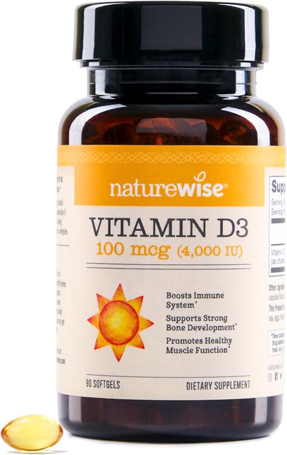 NatureWise Vitamin D3 4000iu (50 mcg) 90-Day Supply for Immune Support, Healthy Muscle Function, and Bone Health - Non-GMO, Gluten Free in Organic Extra Virgin Olive Oil, (Mini Softgel), 90 Count