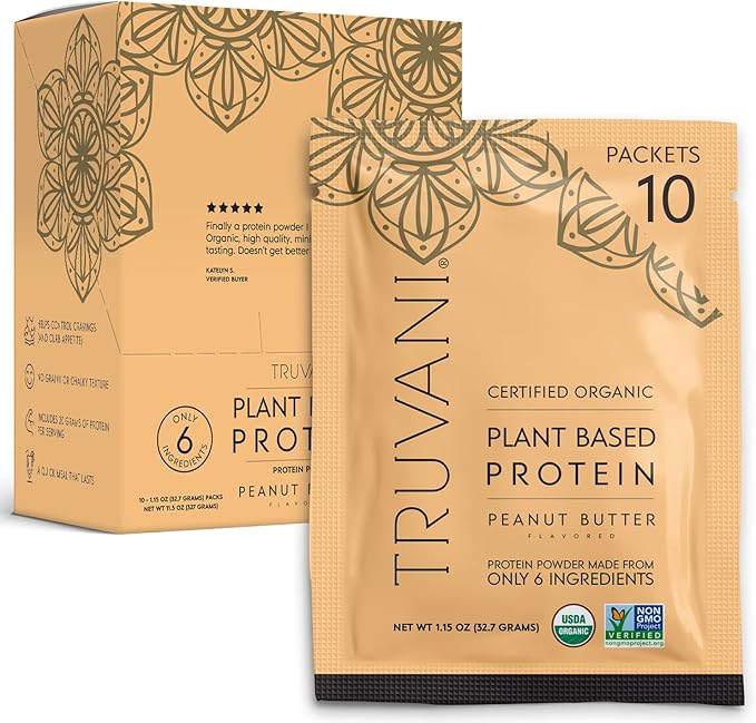 Truvani Vegan Pea Protein Powder | Peanut Butter | 20g Organic Plant Based Protein | 10 Travel Packets | Keto | Gluten & Dairy Free | Low Carb | No Added Sugar