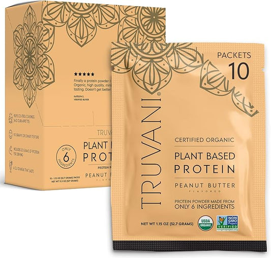 Truvani Vegan Pea Protein Powder | Peanut Butter | 20g Organic Plant Based Protein | 10 Travel Packets | Keto | Gluten & Dairy Free | Low Carb | No Added Sugar
