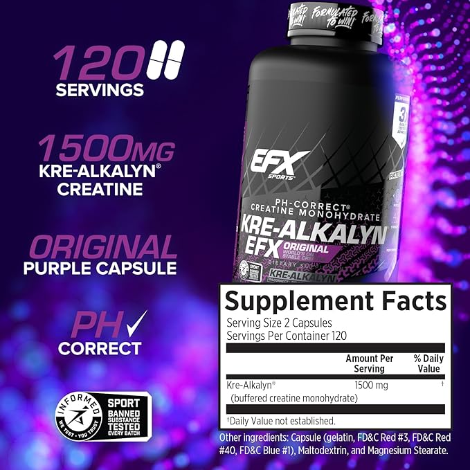 EFX Sports Kre-Alkalyn EFX | pH Correct Creatine Monohydrate Pill Supplement | Strength, Muscle Growth & Performance | 120 Servings, 240 Capsules