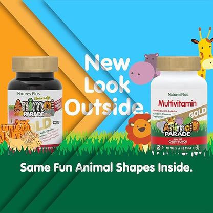 Natures Plus Animal Parade Gold Multivitamin Children’s Chewables - Cherry Flavor - 60 Chewable Animal-Shaped Tablets - with Vitamin D3, K2 & Probiotics - 30 Servings