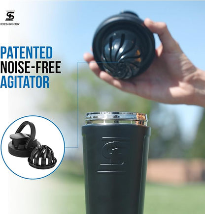 Ice Shaker Insulated Stainless Steel Shaker Bottle | 26oz, Black | Cold for 30+ Hours | Insulated Cup with Twist-on Agitator | Odor-Free Shaker Cup for Protein Shakes, Water, Smoothies, Cocktails