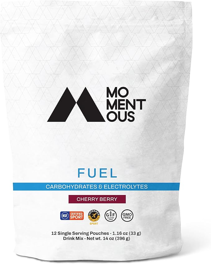 Momentous Fuel Intra-Workout Carbs & Electrolyte Drink Mix - Hydration Powder for Sustained Energy During Workouts - NSF Certified, GMO-Free, Gluten Free - 12 Single Serving Packets, Cherry Berry