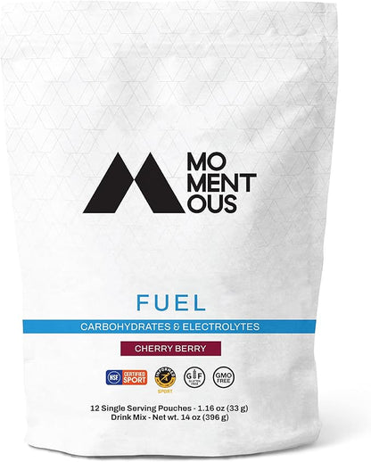 Momentous Fuel Intra-Workout Carbs & Electrolyte Drink Mix - Hydration Powder for Sustained Energy During Workouts - NSF Certified, GMO-Free, Gluten Free - 12 Single Serving Packets, Cherry Berry
