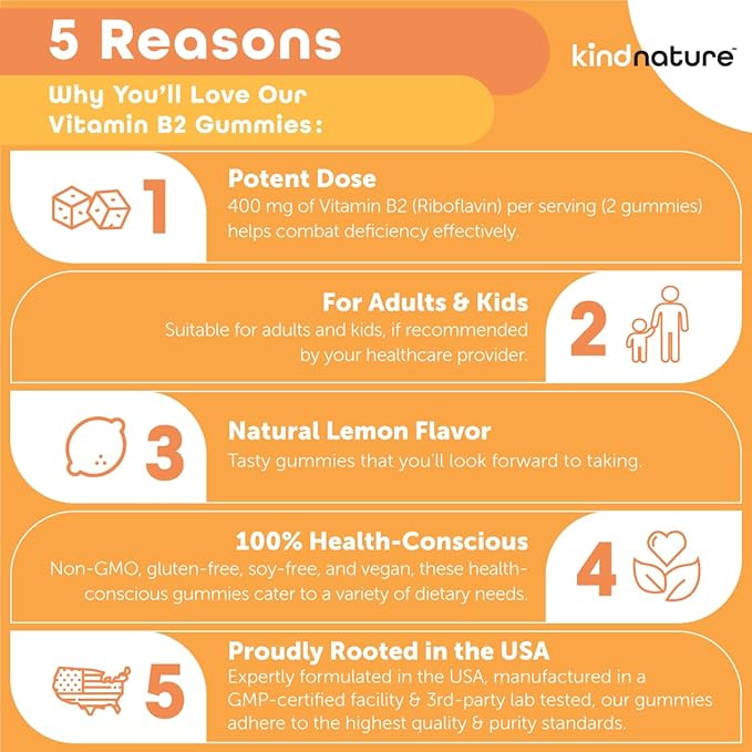 Kind Nature Vitamin B2 Gummies - Riboflavin 400mg Supplement for Kids & Adults - Non-GMO, Soy & Gluten-Free, Vegan Chewable Gummies (30 Day Supply)