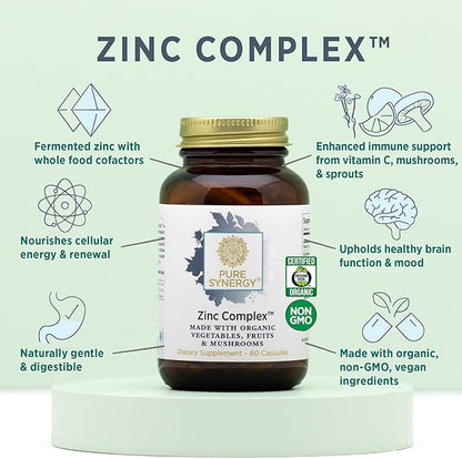 PURE SYNERGY Zinc Complex | Zinc Immune Support Supplement | Natural, Vegan Zinc Complex with Vitamin C and Organic Whole Foods | for Immune, Brain, and Skin Health (60 Capsules)