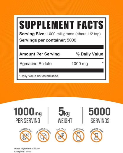 BulkSupplements.com Agmatine Sulfate Powder - Nitric Oxide Supplement, Agmatine Sulfate 1000mg - Unflavored & Gluten Free, 1000mg per Serving, 5kg (11 lbs) (Pack of 5)