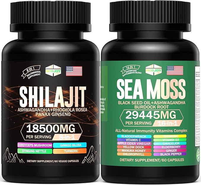 Sea Moss & Shilajit Multivitamin Bundle - Sea Moss 12000mg, Shilajit 9000mg, Black Seed Oil 6000mg, Ashwagandha 3000mg, Ginger,Rhodiola Rosea 2000mg, All in 1 Supplements (2 Pack)