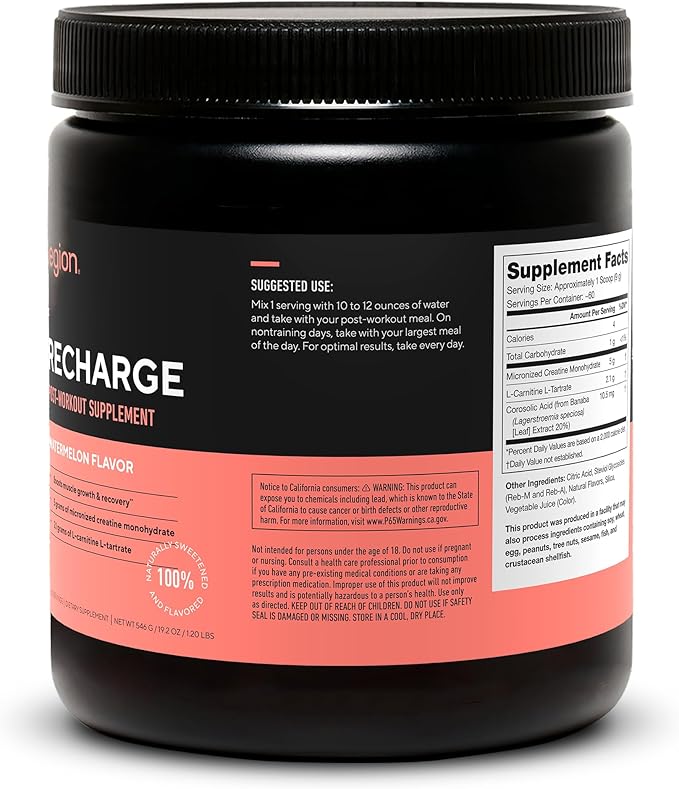LEGION Recharge Post Workout Supplement - All Natural Muscle Builder & Recovery Drink with Creatine Monohydrate. Naturally Sweetened & Flavored, Safe & Healthy. 60 Servings. (Watermelon, 60 Servings)