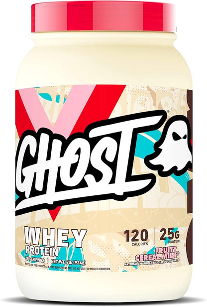 GHOST Whey Protein Powder, Fruity Cereal Milk - 2LB Tub, 25G of Protein - Flavored Isolate, Concentrate & Hydrolyzed Whey Protein Blend - Post Workout Shakes - Soy & Gluten Free