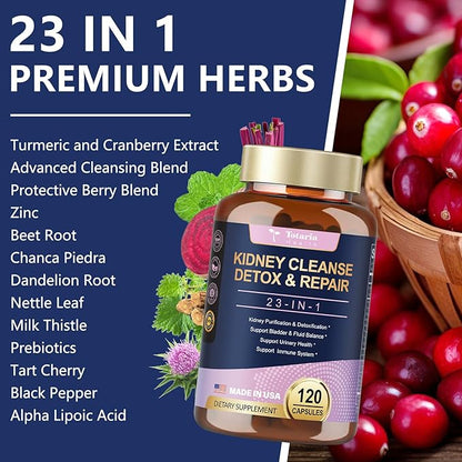 Kidney Cleanse Detox & Repair Capsules, Chanca Piedra & Cranberry Pills for Kidney Support Supplement Extra Strength with Kidney Stones Dissolver, Urinary Tract Health for Woman, 23 in 1, 120 Counts