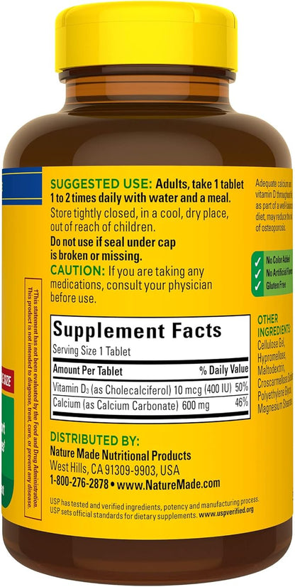 Nature Made Calcium 600 mg with Vitamin D3, Dietary Supplement for Bone Support, 220 Tablets (pack of 1)