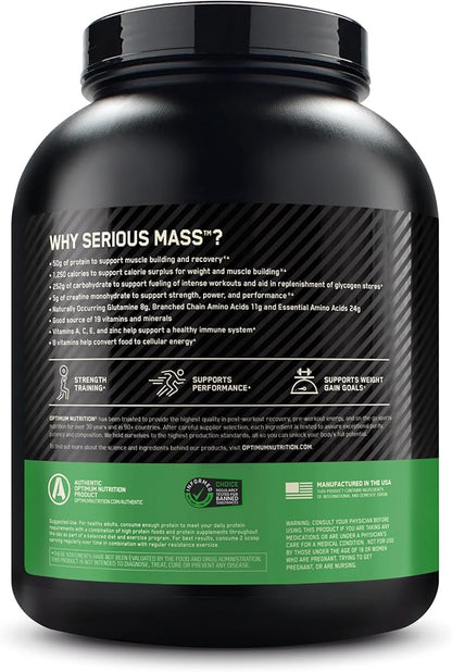 Optimum Nutrition Serious Mass, Weight Gainer Protein Powder, Mass Gainer, Vitamin C and Zinc for Immune Support, Creatine, Strawberry, 6 Pound (Packaging May Vary)