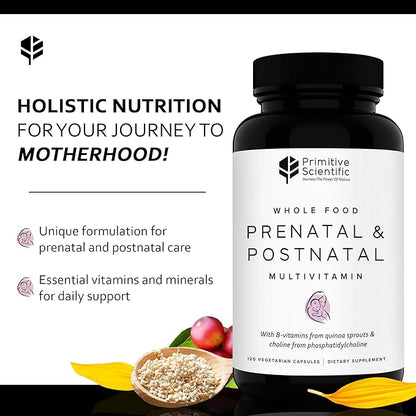 Prenatal and Postnatal Multivitamin for Women with Vitamins A, B, C, E, & D, Iodine and Ginger Extract for Mother and Baby Support - 120 Capsules, Non-GMO, Gluten Free