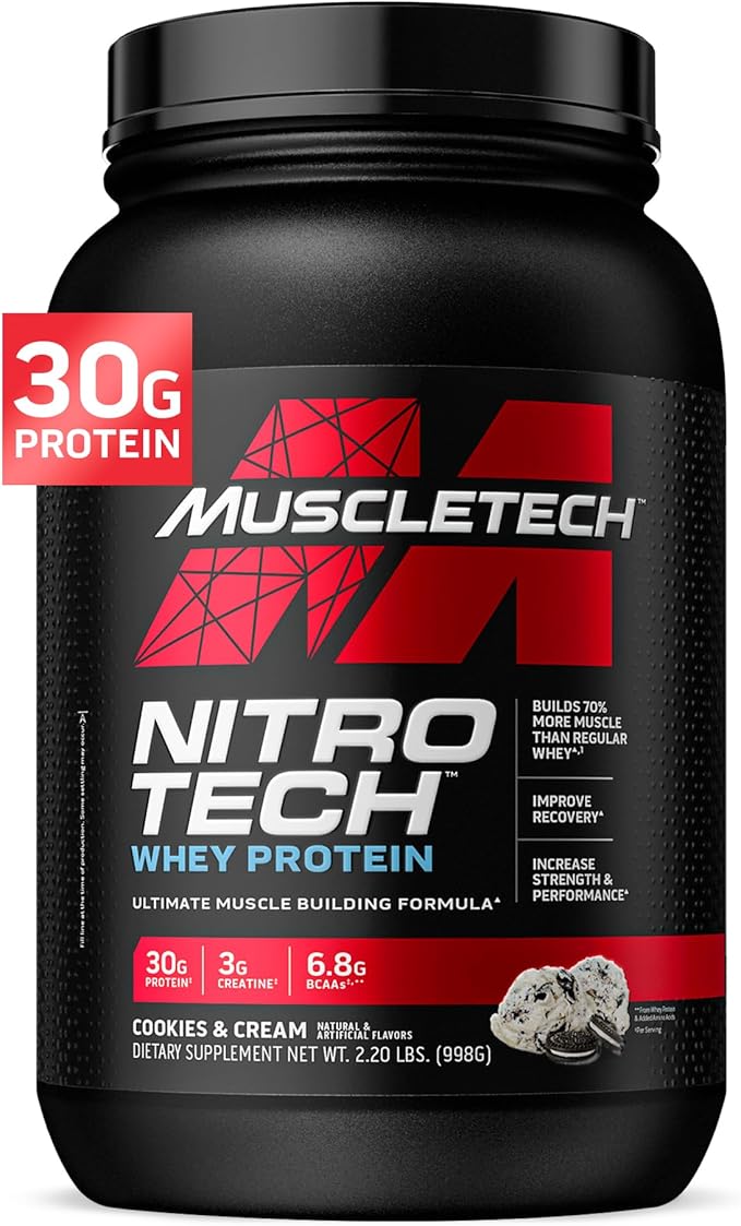 Muscletech Whey Protein Powder (Cookies & Cream, 2.2 Pound) - Nitro-Tech Muscle Building Formula with Whey Protein Isolate & Peptides - 30g of Protein, 3g of Creatine & 6.8g of BCAA