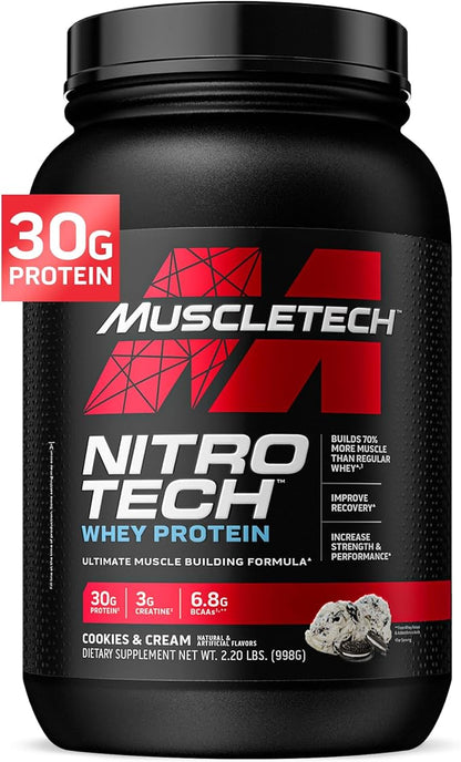 Muscletech Whey Protein Powder (Cookies & Cream, 2.2 Pound) - Nitro-Tech Muscle Building Formula with Whey Protein Isolate & Peptides - 30g of Protein, 3g of Creatine & 6.8g of BCAA
