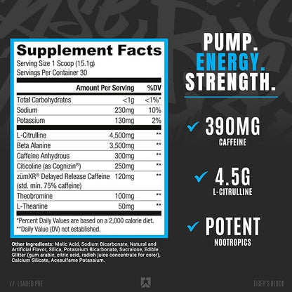 Ryse Loaded Pre Workout Powder Supplement for Men & Women | Pumps, Energy, Focus | Beta Alanine + Citrulline | 390mg Caffeine | 30 Servings (Tiger's Blood)