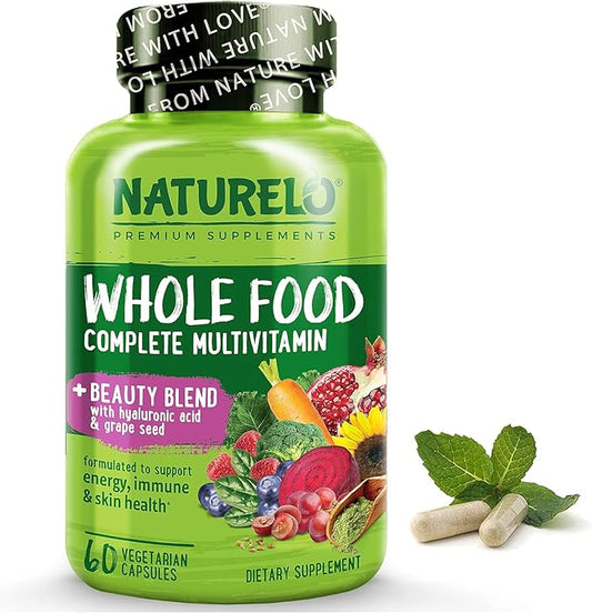 NATURELO Whole Food Multivitamin with Extra Hair, Skin and Nails Support – Beauty Blend with Hyaluronic Acid & Grape Seed - High Potency Biotin, Vitamin C, and Glutathione - 60 Vegan Capsules
