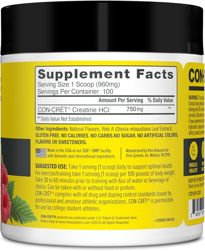 Creatine HCl Powder | Muscle, Cognitive, Cellular Energy Support | No Bloating or Cramps | USA Made & NSF Certified | Raspberry (100 Serving)