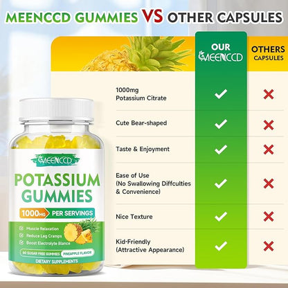 Potassium Citrate Gummies 1000mg, High Potency Potassium Supplement Gummies for Adults Women & Men, Potassium Gummies Support Leg Cramps & Muscle Health, Sugar-Free, Pineapple Flavor, 60 Count