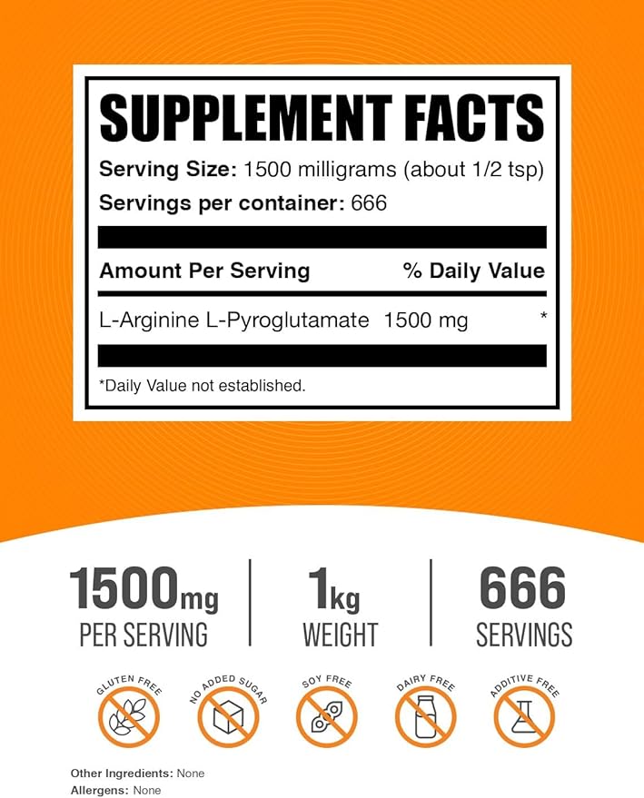 BulkSupplements.com L-Arginine L-Pyroglutamate Powder - Arginine Supplement, Nitric Oxide Supplement, Arginine Powder - Gluten Free, 1500mg per Serving, 1kg (2.2 lbs) (Pack of 1)