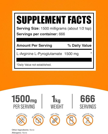 BulkSupplements.com L-Arginine L-Pyroglutamate Powder - Arginine Supplement, Nitric Oxide Supplement, Arginine Powder - Gluten Free, 1500mg per Serving, 1kg (2.2 lbs) (Pack of 1)