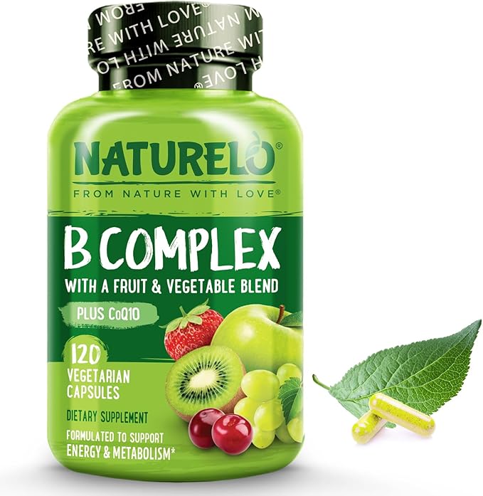 NATURELO Vitamin B Complex with Methyl B12, Methyl Folate, Vitamin B6, Biotin Plus Choline, CoQ10, and Fruit & Vegetable Blend - Supports Energy & Healthy Stress Response - Vegan - 120 Capsules