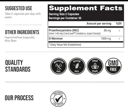 CranEaze®: Cranberry Juice Extract Plus D-Mannose – 36 mg PAC, 100% Soluble PAC - Supports Urinary Tract Health – Most Effective Cranberry Pills for Women, UTI Cranberry Supplement - 60 Capsules