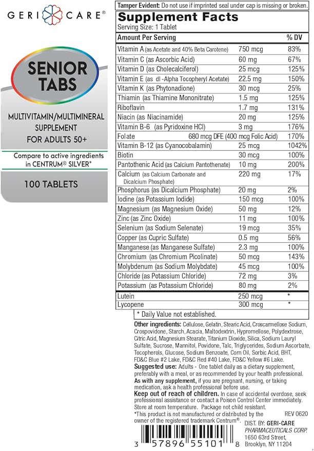 GeriCare Senior Tab 50+ Multivitamin and Minerals Tablets - Immune Support - Age-Defying Nutrition, 100 Count (Pack of 2)