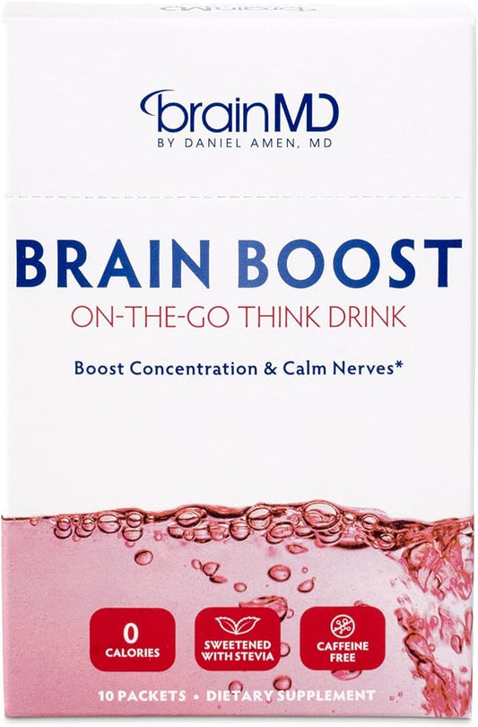 BRAINMD Dr Amen Brain Boost On The Go - 10 Packets, Berry Flavor - Nootropic Drink Powder, Promotes Focus, Clarity & Mental Energy - Caffeine Free, Gluten Free - 10 Servings