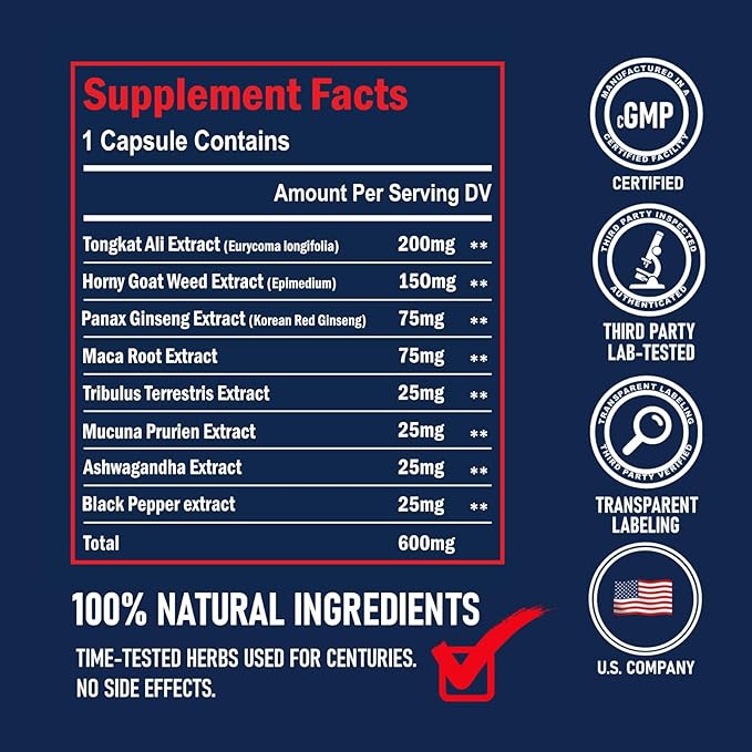 Hammer Extra Herbal Supplement for Men. Horny Goat Weed, Tongkat Ali, Ginseng & Maca Root for Energy, Stamina & Endurance. Fast Acting Male Performance Enhancing Pill - 10 Capsules