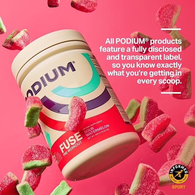 Podium Nutrition, Fuse Pre Workout Powder, Sour Watermelon, 30 Servings, Beta Alanine and Caffeine for Energy, Gluten Free, Soy Free, Dairy Free